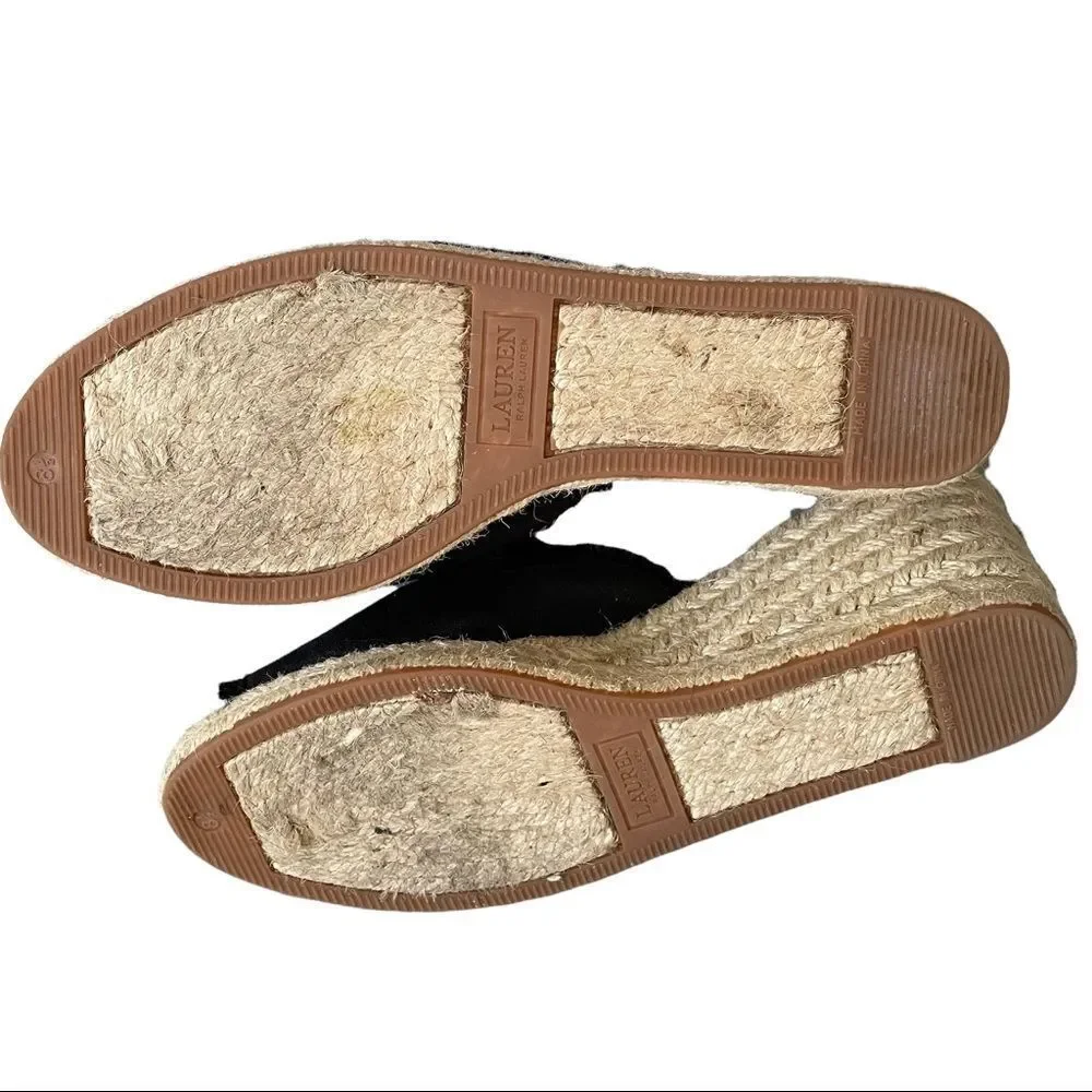 LAUREN RALPH LAUREN Black Linen Carlynda Wedge Espadrilles Sandals 8.5